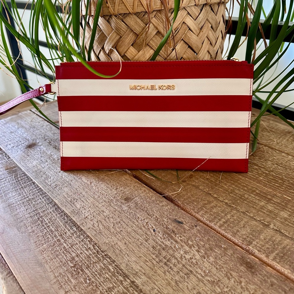 Michael Kors Bold Red and White Striped Wristlet